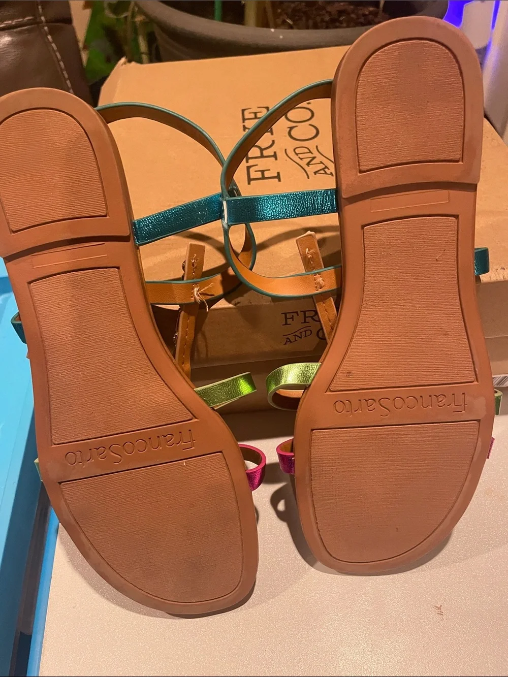 Franco Sarto Teal, Green & Magenta Jewel T-Strap Sandals